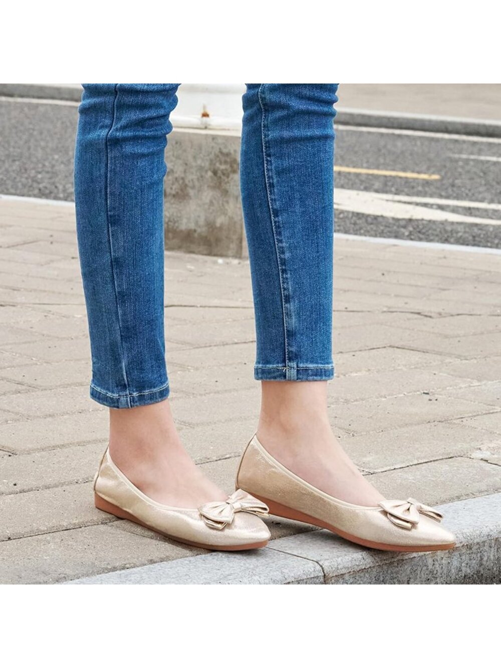 Women's Gold Ballet Flat Fordable Slip On Shoes Bow Knot Pointed Toe Loafers - Picture 6 of 6